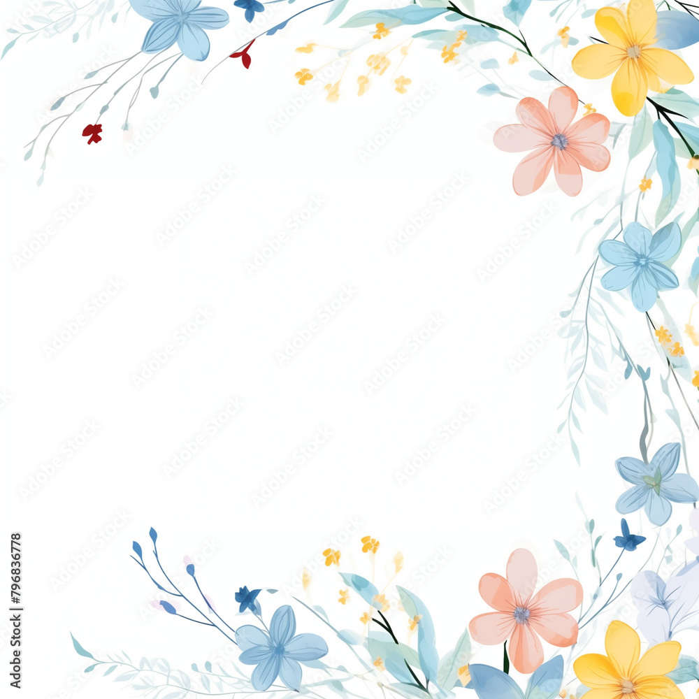 Delicate Floral Border, Pastel Blue and Yellow Flowers, Invitation Background with Copy Space Delicate Floral Border, Pastel Blue and Yellow Flowers, Invitation Background with Copy Space