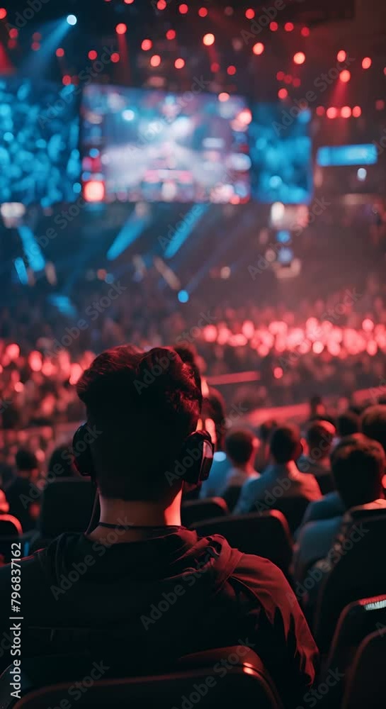 A dark-haired man wearing headphones is watching a live e-sports event. The arena is filled with people and the stage is lit up with bright lights. A dark-haired man wearing headphones is watching a live e-sports event. The arena is filled with people and the stage is lit up with bright lights.