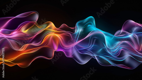 Vibrant abstract design with flowing wave patterns in a spectrum of colors against a deep black backdrop