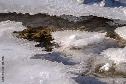 ice scupltures in a frozen creek. cold temperature. winterly landscape with water