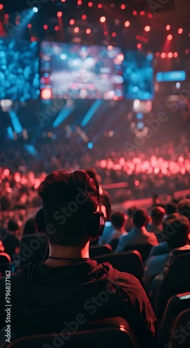 A dark-haired man wearing headphones is watching a live e-sports event. The arena is filled with people and the stage is lit up with bright lights.