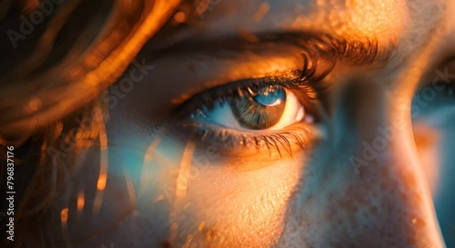A close-up of a woman's eye with the sun reflecting in it.