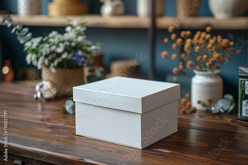 A closed white box on a wooden surface, elegantly arranged with tasteful home decor in the backdrop photo