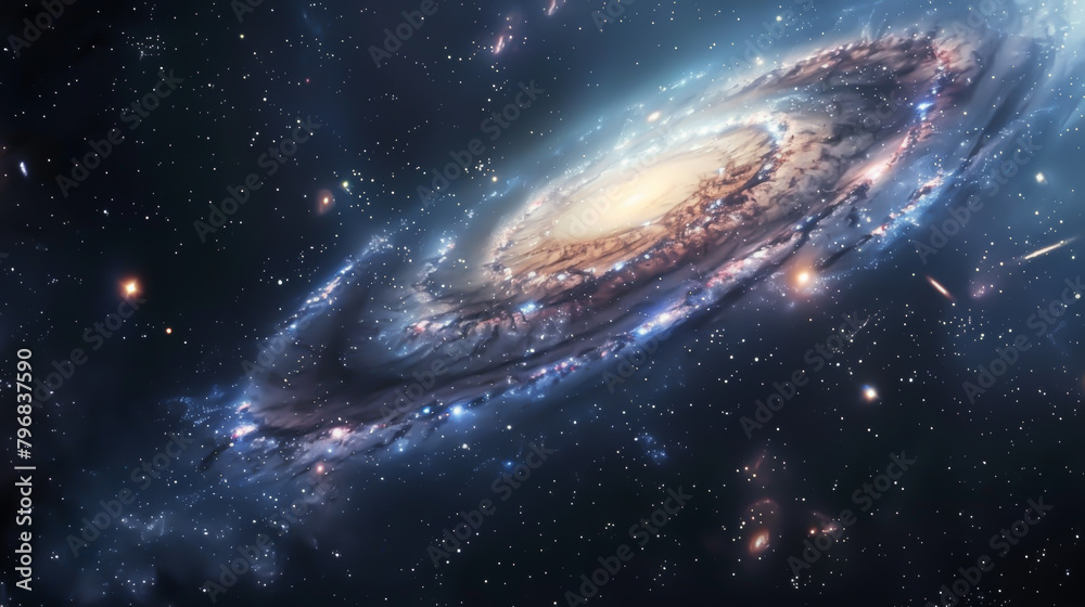 Obraz premium Stunningly detailed image of a spiral galaxy surrounded by a star-filled sky, evoking the vastness and beauty of the cosmos. Ideal for illustrating space, astronomy, and the universe