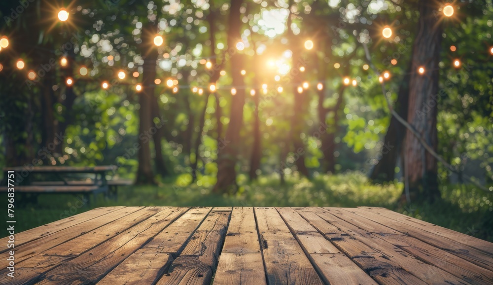 Empty wooden table top with background of park bench and string lights in the forest Generative AI Empty wooden table top with background of park bench and string lights in the forest Generative AI