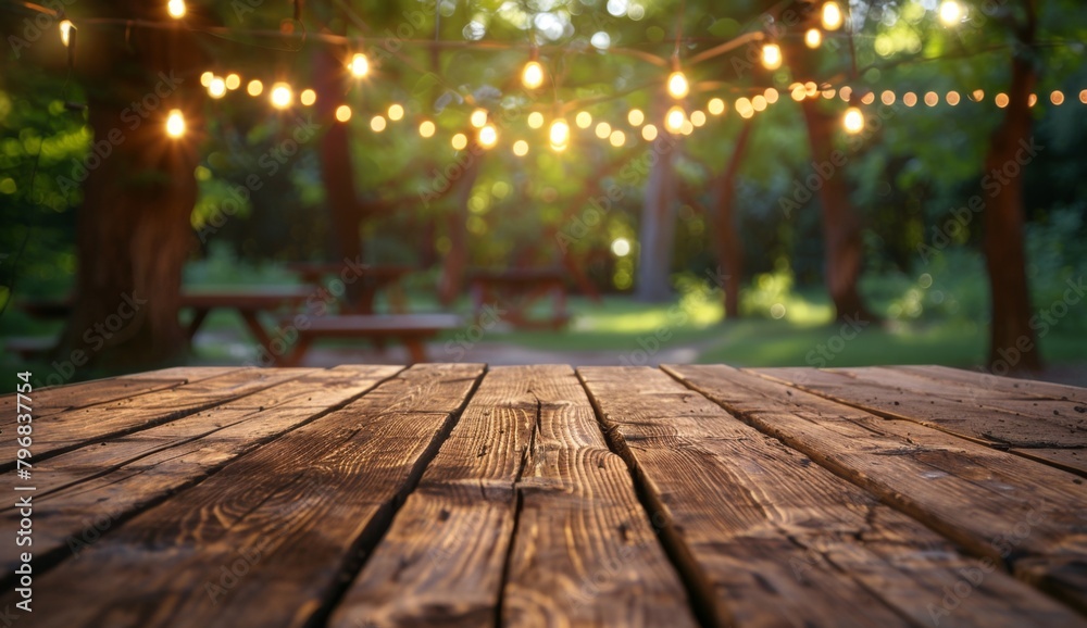 Empty wooden table top with background of park bench and string lights in the forest Summer picnic or garden party decoration copy space Generative AI Empty wooden table top with background of park bench and string lights in the forest Summer picnic or garden party decoration copy space Generative AI