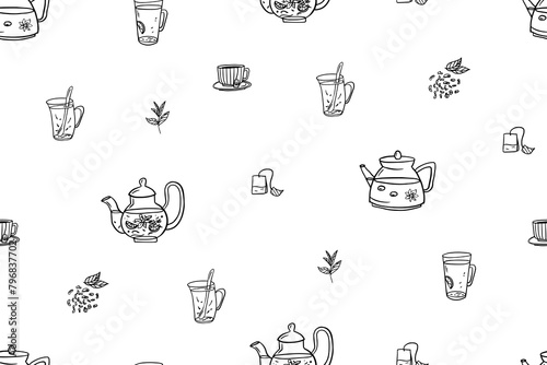 Seamless pattern of tea theme elements in doodle style. Teapot, cup of tea, tea leaf, tea bag. I love tea. Hand drawn. Vector illustration EPS10. Isolated on white background