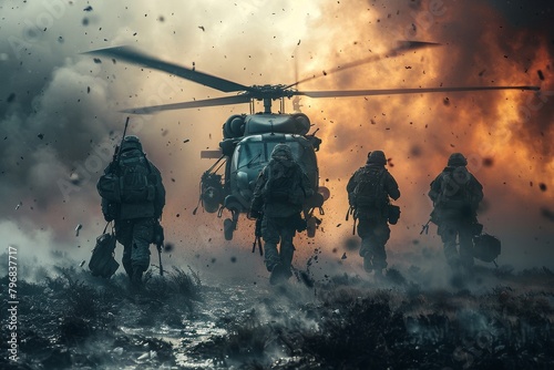 A dramatic shot showing silhouettes of armed soldiers on a mission in heavy smoke with a hovering helicopter photo