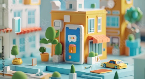 3d isometric city illustration of a smartphone with chat bubbles coming out of it, surrounded by small buildings and a car photo