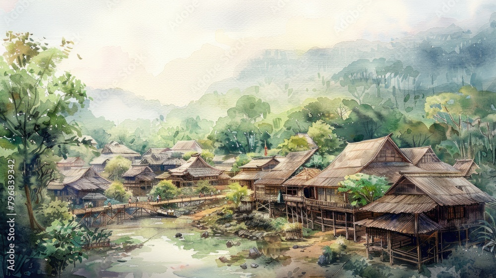 Dive into the realm of watercolor to showcase a traditional village utilizing advanced holographic technology in their daily practices, marrying heritage with innovation,