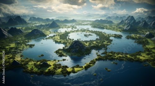 a lake in the shape of the world continents in the middle of untouched nature  view from above