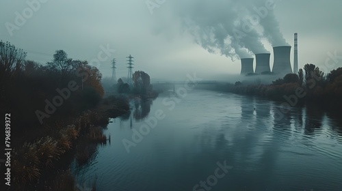 Peaceful River Flows Beside Looming Nuclear Reactor Disrupted by Constant Smoke Billows