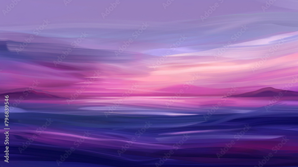 Abstract digital painting of a tranquil sunset over a violet ocean with gentle waves Abstract digital painting of a tranquil sunset over a violet ocean with gentle waves