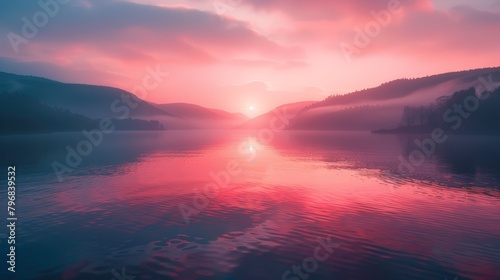 A beautiful sunset over a lake with a pink sky. The water is calm and still  reflecting the colors of the sky. The scene is serene and peaceful  with the sun setting in the distance