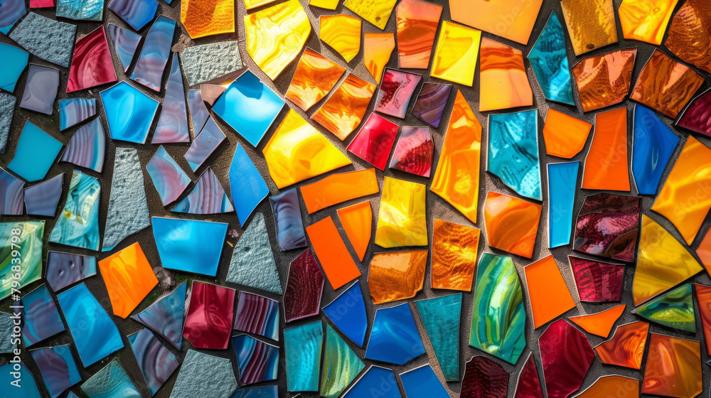 Vibrant mosaic made from pieces of stained glass, showcasing a spectrum of colors and textures Vibrant mosaic made from pieces of stained glass, showcasing a spectrum of colors and textures
