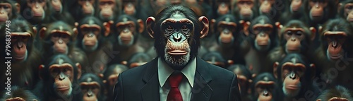 Monkey Executive Elevated Above Corporate Crowd in Tailored Suit Visual Metaphor for Leadership and Power photo