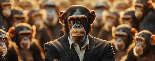 Serious Suited Monkey Leading a Crowd of Cheerful Primates Symbolizing Corporate Leadership and Contrast photo