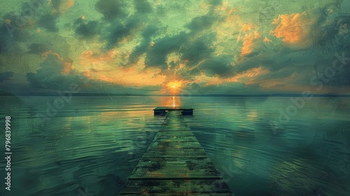 A wooden bridge is seen over a body of water with a sunset in the background. Scene is serene and peaceful, as the sun sets over the water, casting a warm glow on the scene photo