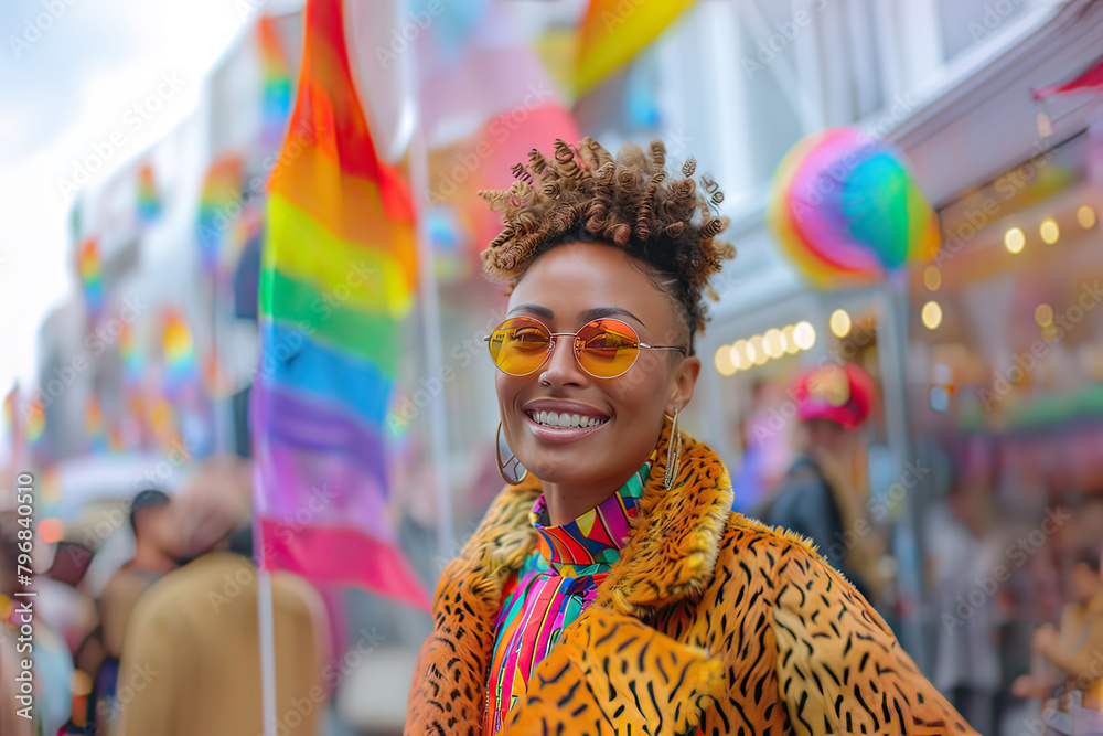 Young multiracial woman smile celebrating LGBTQ Pride Parade. Generative AI.