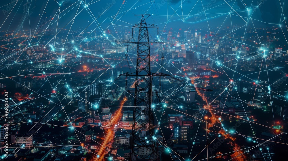 A bird's eye view of a vibrant metropolis at night, with high-power transmission lines crisscrossing the skyline, powering the city's constant motion.
