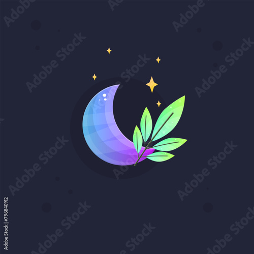 Moon Glossy Blue Purple Game Icon Badge With Green Branch And Stars  Isolated Vector Design (ID: 796840912)