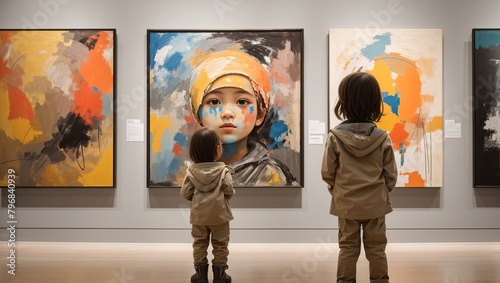 A small boy in a gray jacket is standing in a museum looking at a collection of paintings. The paintings are mostly abstract