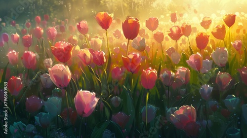 A dreamy, impressionistic rendition of a tulip garden bathed in the soft glow of the setting sun.