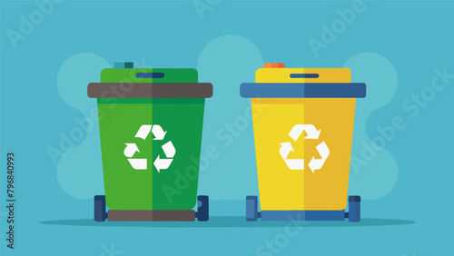 Two recycle bins side by side one labeled Recycling and the other Composting to show that compostable items cannot be recycled.