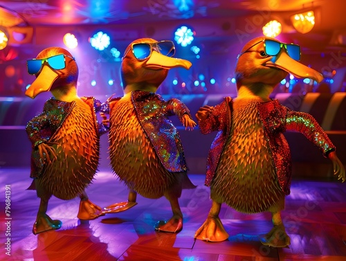 Disco Duckbill Discotheque:Platypuses Dressed in Vibrant Disco Attire Grooving on the Dance Floor