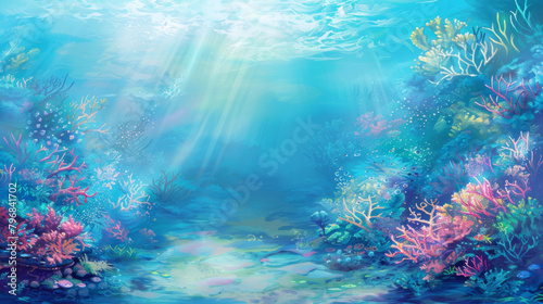 Vibrant illustration of a serene underwater scene with coral and streaming sunlight