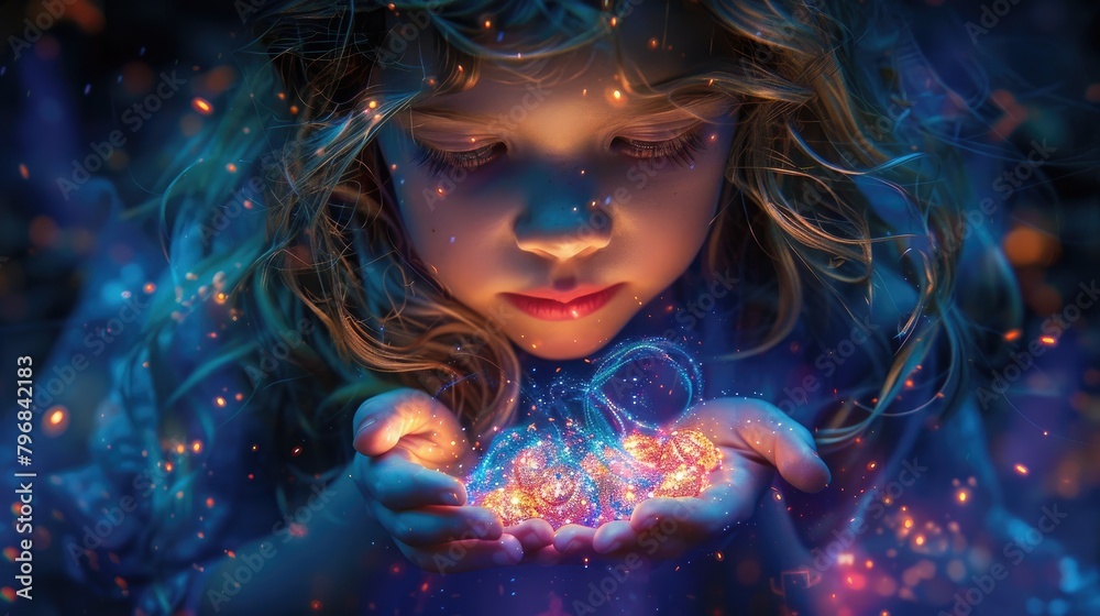 A girl holding a handful of glowing orbs in her hands.