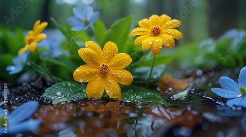 Depict a variety of wildflowers immediately after a rainstorm