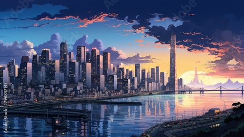 a portrait Pixel art of a bustling city skyline with futuristic architecture, AI Generative © arttools