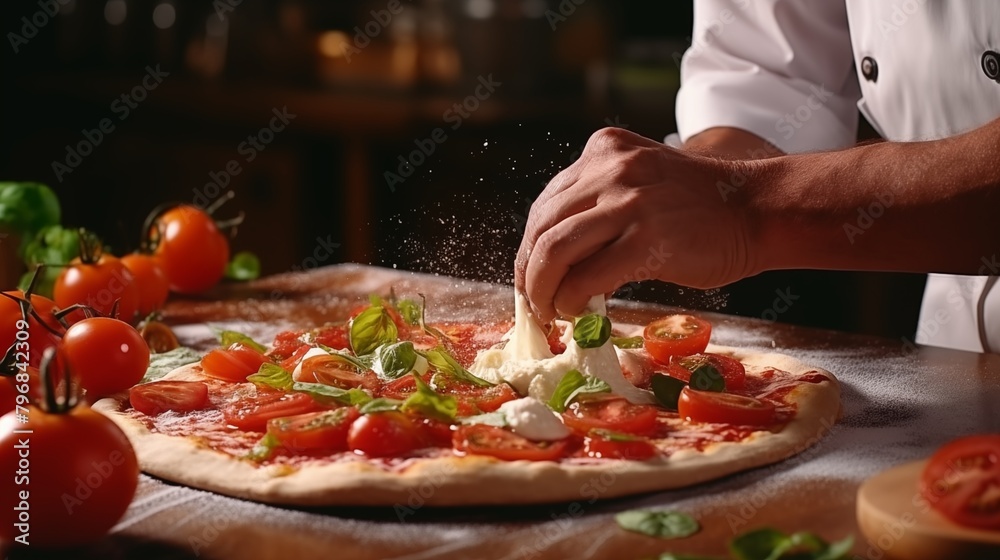 crop unrecognizable chef spreading tomato sauce on dough while preparing pizza.