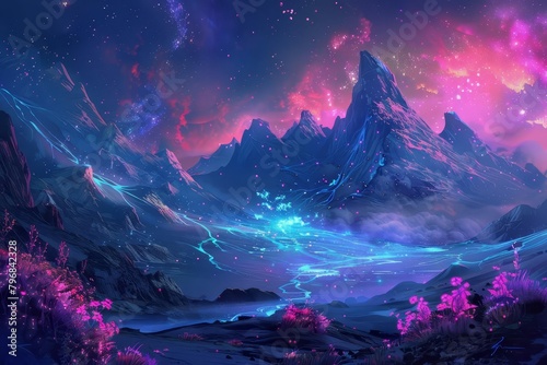 aweinspiring alien planet with towering mountains and bioluminescent flora digital painting photo