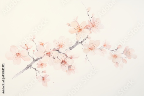 Capture the elegance of a delicate plum blossom in intricate detail, showcasing it in a frontal view for a traditional watercolor painting Highlight the subtle nuances of its petals and the graceful c