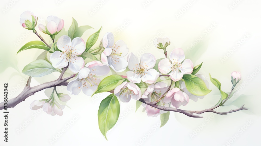 Illustrate the elegance of an early blueberry blossom with a watercolor effect, showcasing the soft hues of pink, white, and green, gently blending to create a sense of freshness and new beginnings