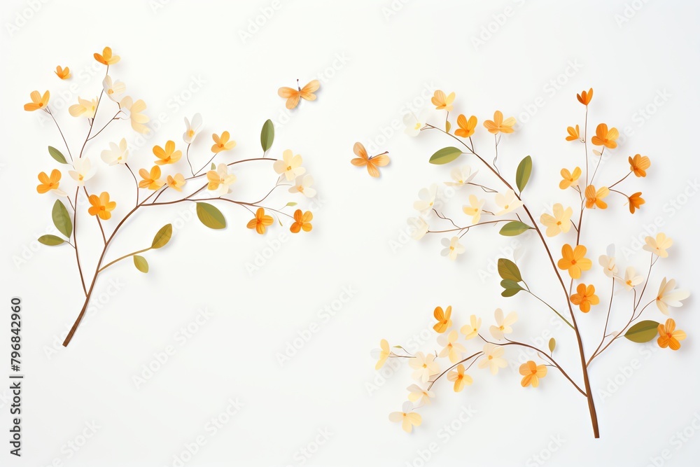 Immerse the audience in a digital wonderland of CG 3D orange blossom trees seen from above, focusing on the mesmerizing interplay of light and shadow on the intricate petals Craft a photorealistic sce