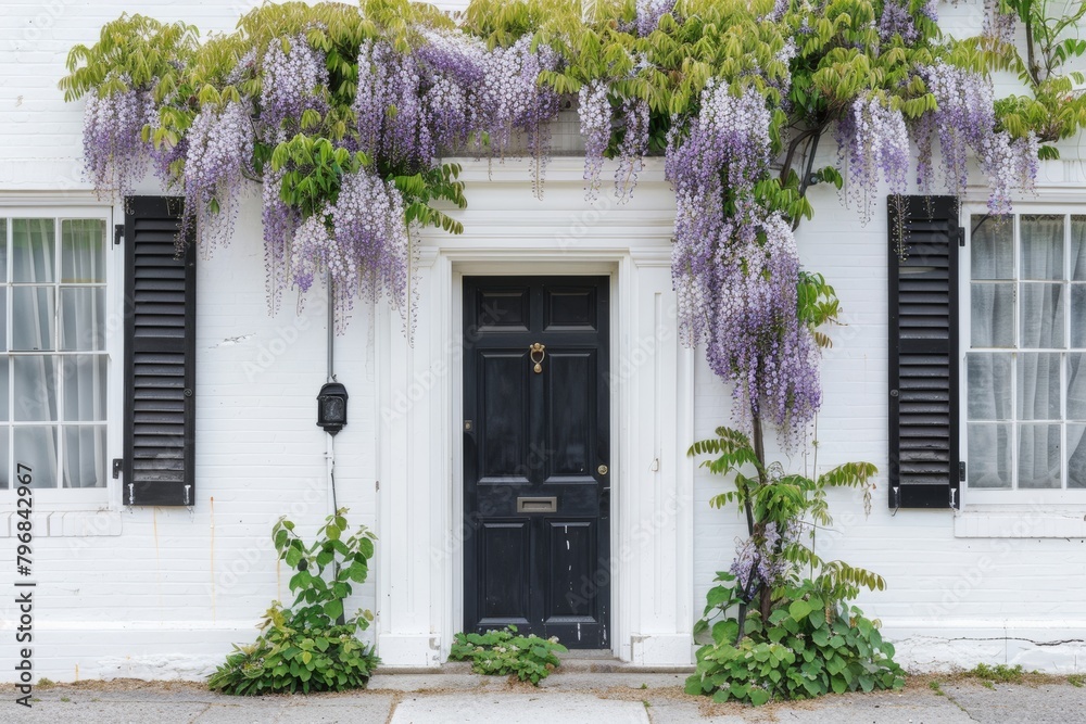 wisteria decorated classic suburban white house facade and front porch.. beautiful spring season. wisteria decorated classic suburban white house facade and front porch.. beautiful spring season.