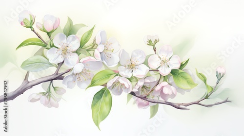 Illustrate the elegance of an early blueberry blossom with a watercolor effect  showcasing the soft hues of pink  white  and green  gently blending to create a sense of freshness and new beginnings