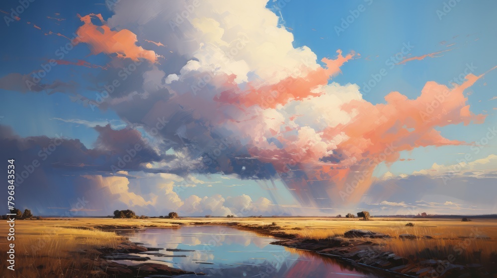 a portrait wilderness, large sky, abstract, rule of thirds, complimentary colors, skillful lighting, reverent and tranquil, tranquil, oil painting, AI Generative