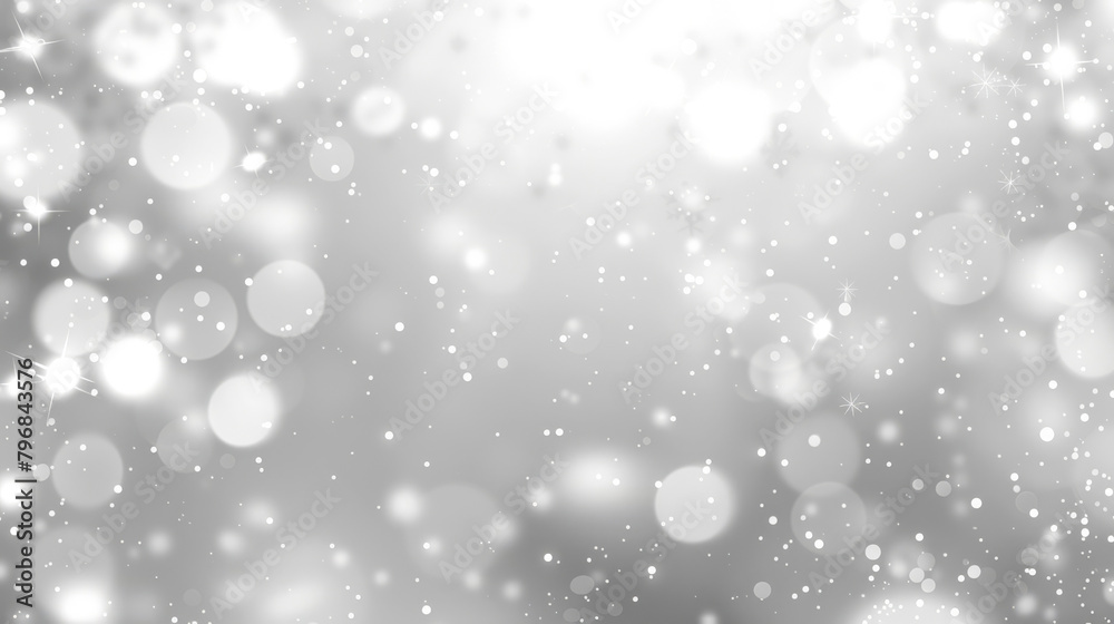 Elegant silver and white bokeh background with glittering stars and soft light effects