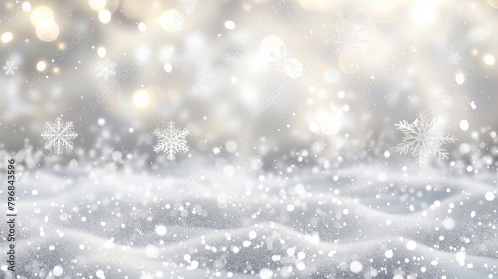 Tranquil winter scene with sparkling snow and delicate snowflakes enhanced by a cozy bokeh effect