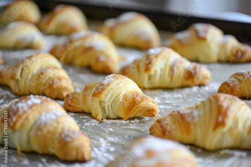 croissants in a bakery in process of baking, French famous classic breakfast pastry