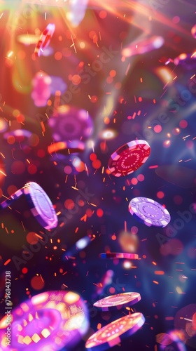 Casino chips falling with glowing lights and sparkles