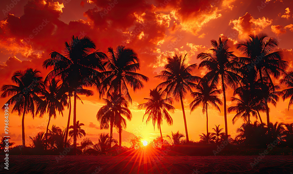 Vibrant sunset sky with silhouetted palm trees and radiant sunlight. Generate AI