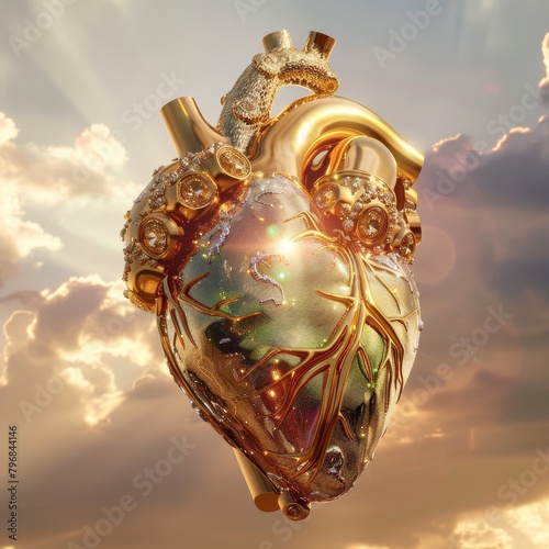 a complete heart, the organ, which is made of gold, diamond on the surface, and green colored cash inside. There is no meat on the heart, we can just see the shining diamond and gold photo