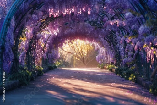 wisteria tunnel blooming in suburban street or park at sunset with soft warm light in spring. Peaceful idyllic landscape. 