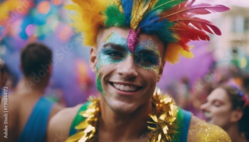 'Portrait colorful enjoying carnival man person parade. confetti Queer party. fantasy LGBTQ+ feathers makeup young Brazilian multiracial proud adult month pride diversity equality ethni'
