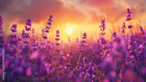 A field of purple lavender illuminated by the warm glow of the setting sun